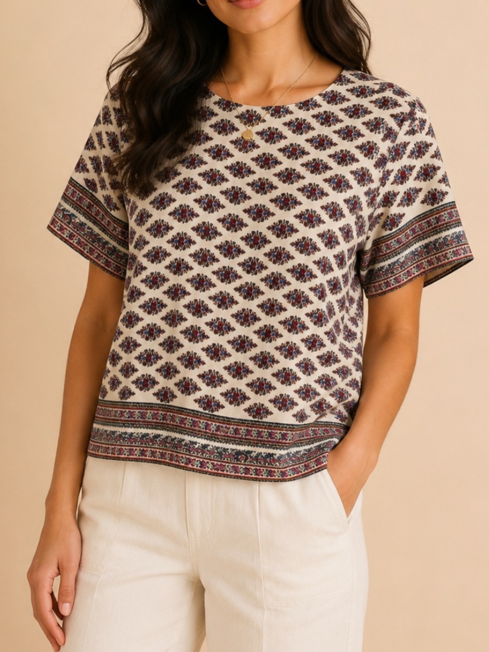Madewell 1937 100% Silk Floral Print Boxy Blouse Top XS Boho Short Sleeve Ivory